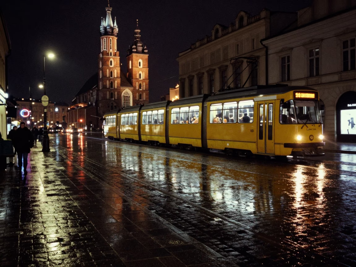 Vintage 1990s Krakow Night Street Scene with Tram Reflection on Wet Cobblestones in in Krakow, Poland