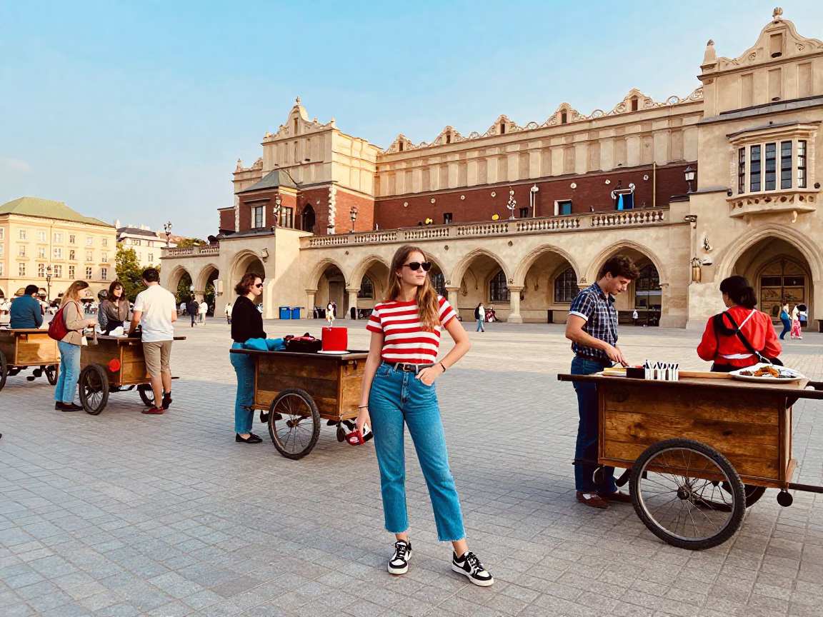 Vintage 1990s Krakow Street Style with Rolling Carts in Main Market Square in in Krakow, Poland