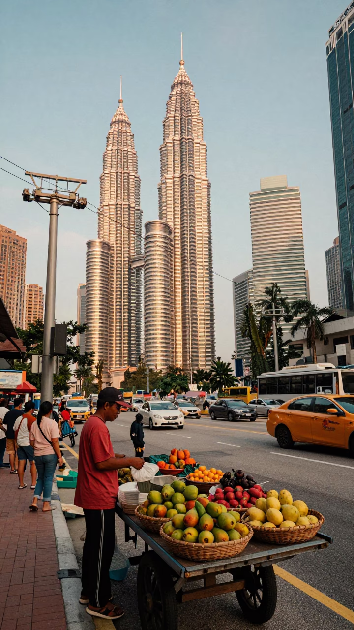 Vintage 1990s Kuala Lumpur Street Scene with Aerial Tramway and Local Life in in Kuala Lumpur, Malaysia