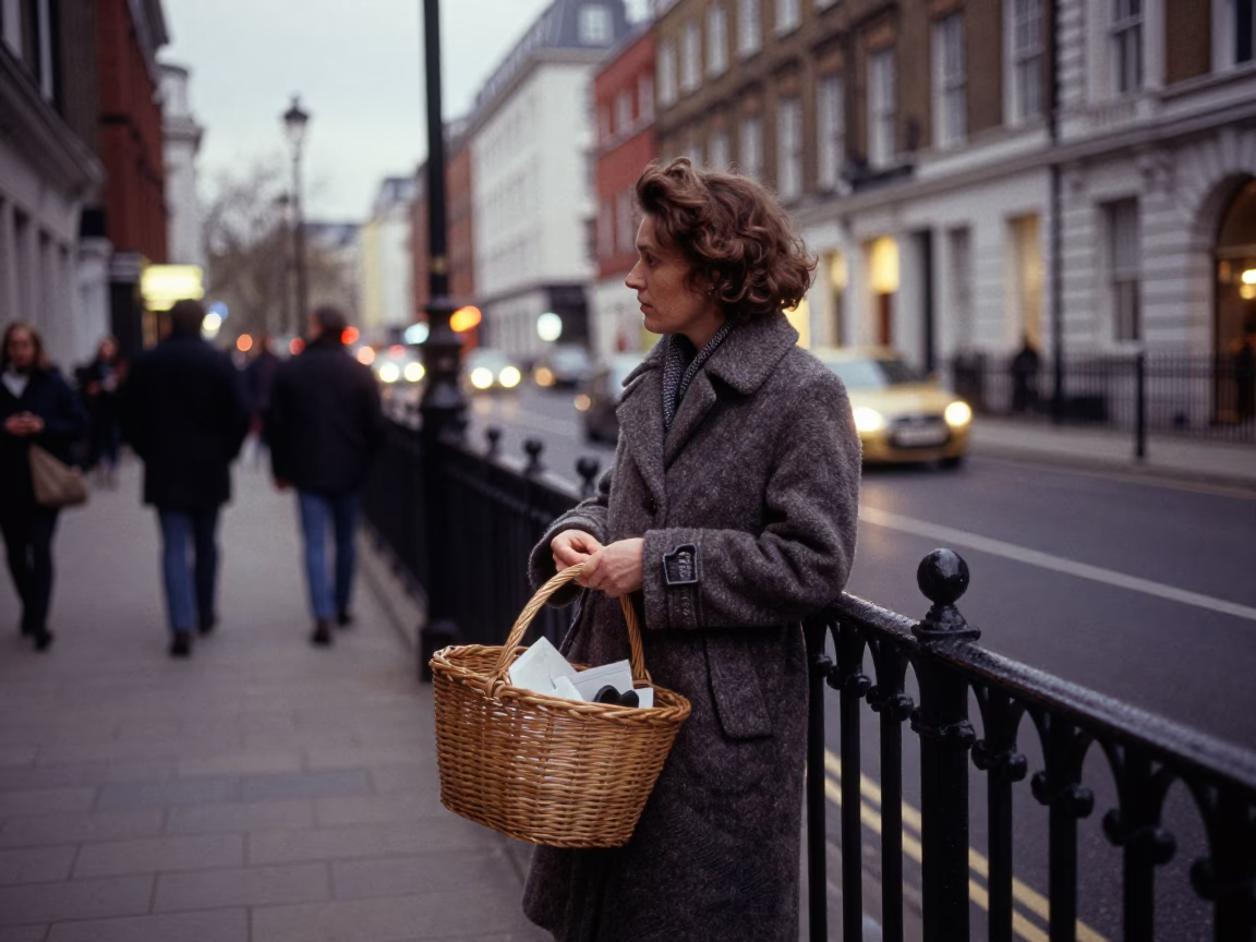 Vintage 1990s London Street Scene with Basket and City Lights in in London, United Kingdom