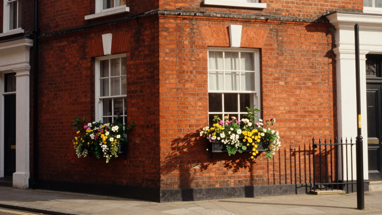 Vintage 1990s London Street Scene with Window Box and Fries on Brick Wall in in London, United Kingdom