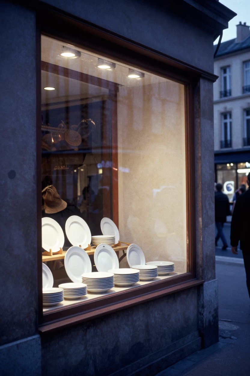 Vintage 1990s Lyon Street Scene with Blue and White Porcelain Plate in Shop Window in in Lyon, France