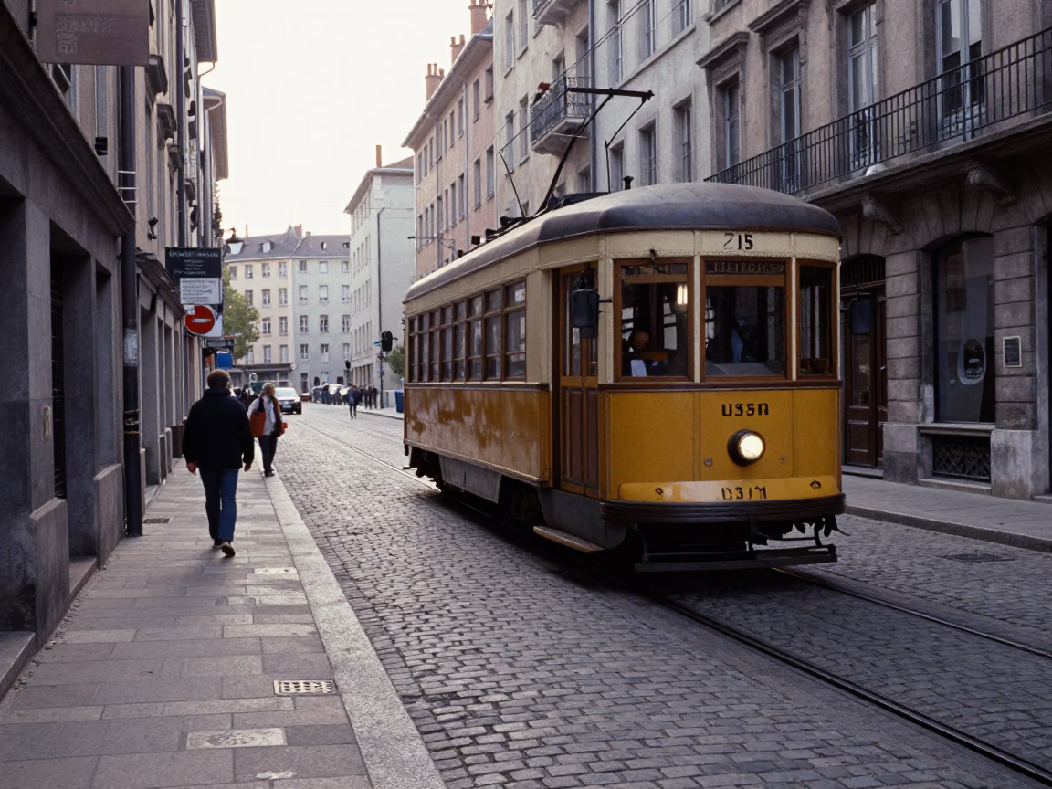 Vintage 1990s Lyon Street Scene with Heritage Tram on Cobblestone Avenue in in Lyon, France