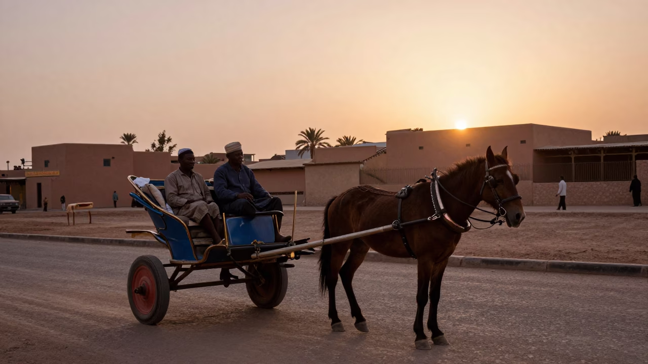 Vintage 1990s Marrakech Dusk Scene with Horse-Drawn Cart and Tin Box in in Marrakech, Morocco