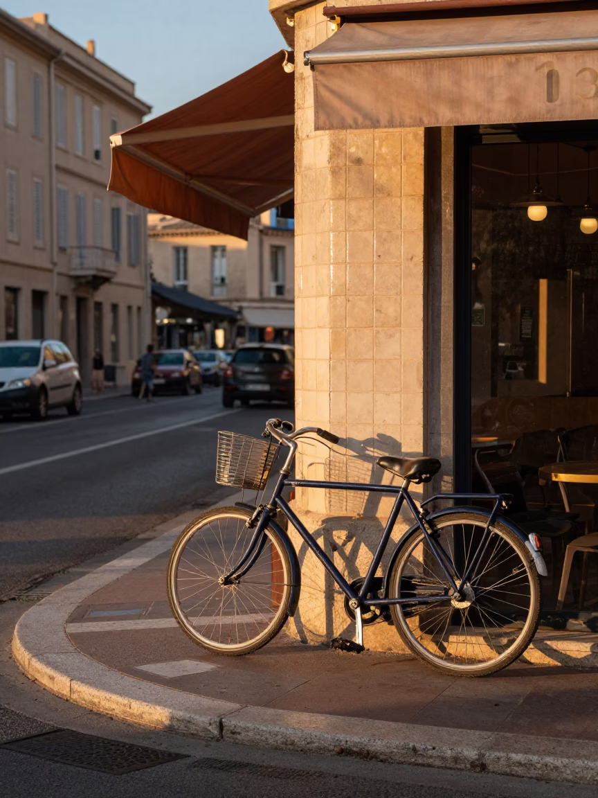 Vintage 1990s Marseille Street Scene with Bicycle and Cafe at Sunset in in Marseille, France