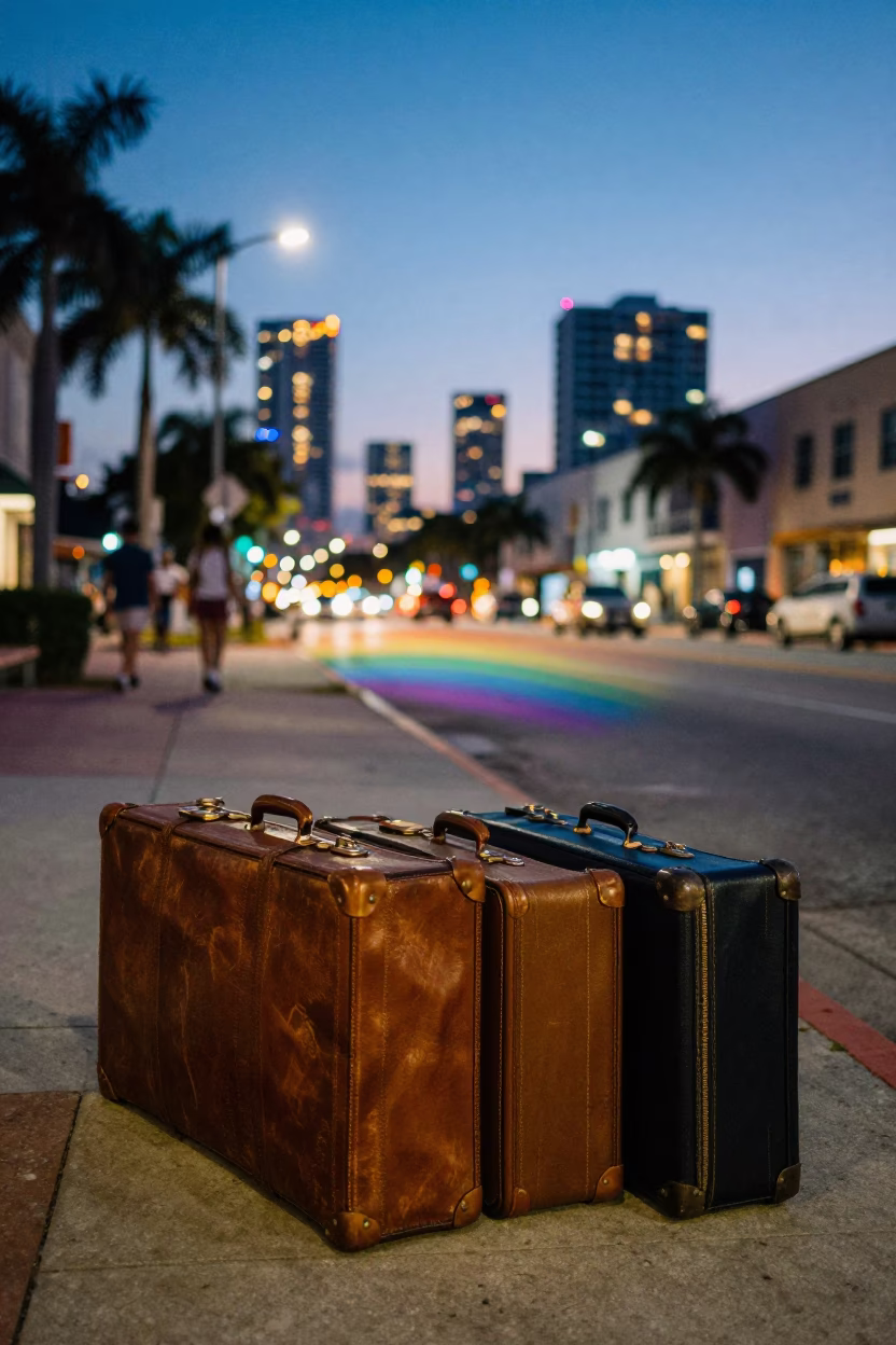 Vintage 1990s Miami Street Scene with Suitcases and Rainbow Eucalyptus Trees at Dusk in in Miami, Florida, United States
