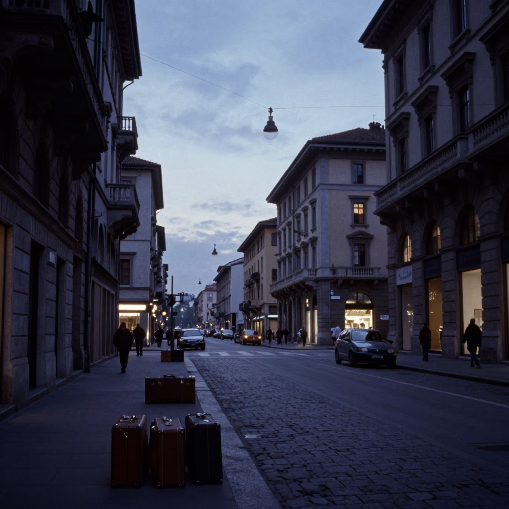 Vintage 1990s Milan Nautical Dawn Street Scene with Suitcases and Umbrellas in in Milan, Italy