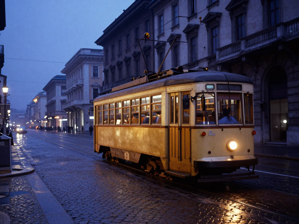 Vintage 1990s Milan Street Scene Heritage Tram on Cobblestone Avenue Before Sunrise in in Milan, Italy