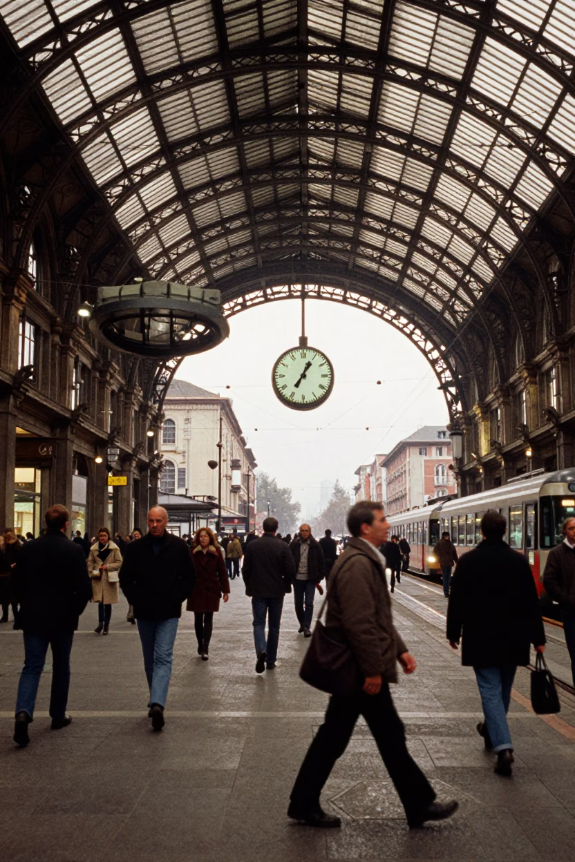 Vintage 1990s Milan Street Scene with Train Station Clock and Coffee Mugs in in Milan, Italy