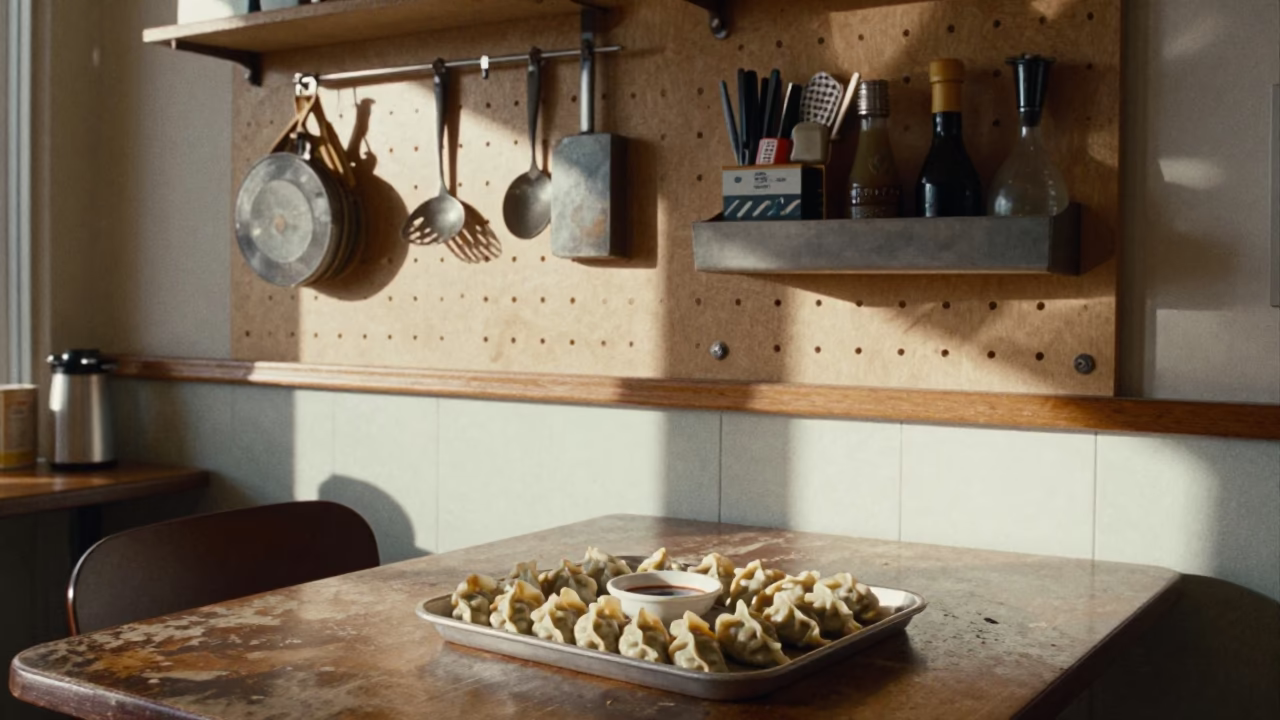 Vintage 1990s Montreal Cafe Interior with Tool Pegboard and Tray of Gyoza in in Montreal, Quebec, Canada