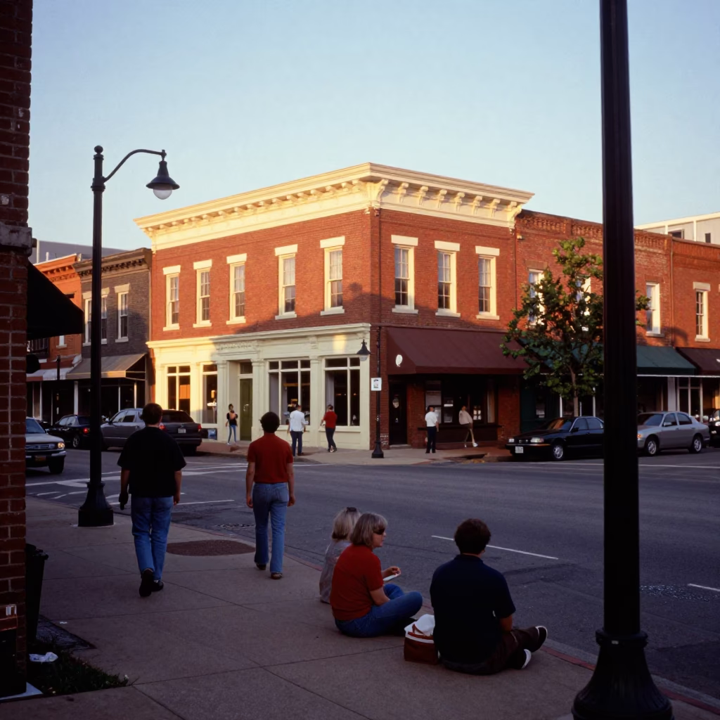 Vintage 1990s Nashville Tennessee street scene with brick architecture and evening light in in Nashville, Tennessee, United States