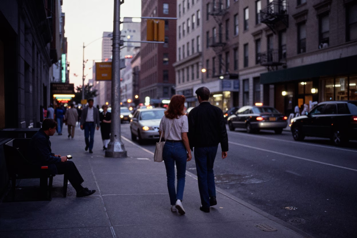 Vintage 1990s New York City Evening Street Scene with Worn Baseball Glove in in New York, New York, United States