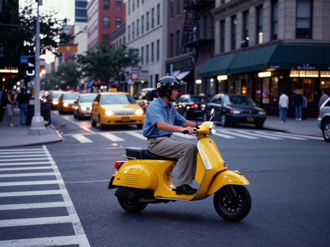 Vintage 1990s New York Street Scene with Colorful Scooter and Brick Buildings in in New York, New York, United States