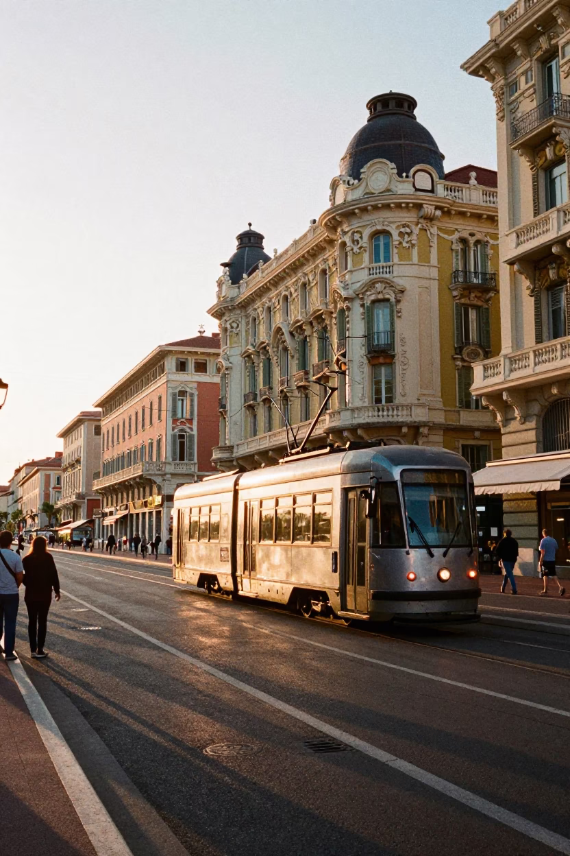 Vintage 1990s Nice France Tram Passes Art Nouveau Buildings at Sunset in in Nice, France