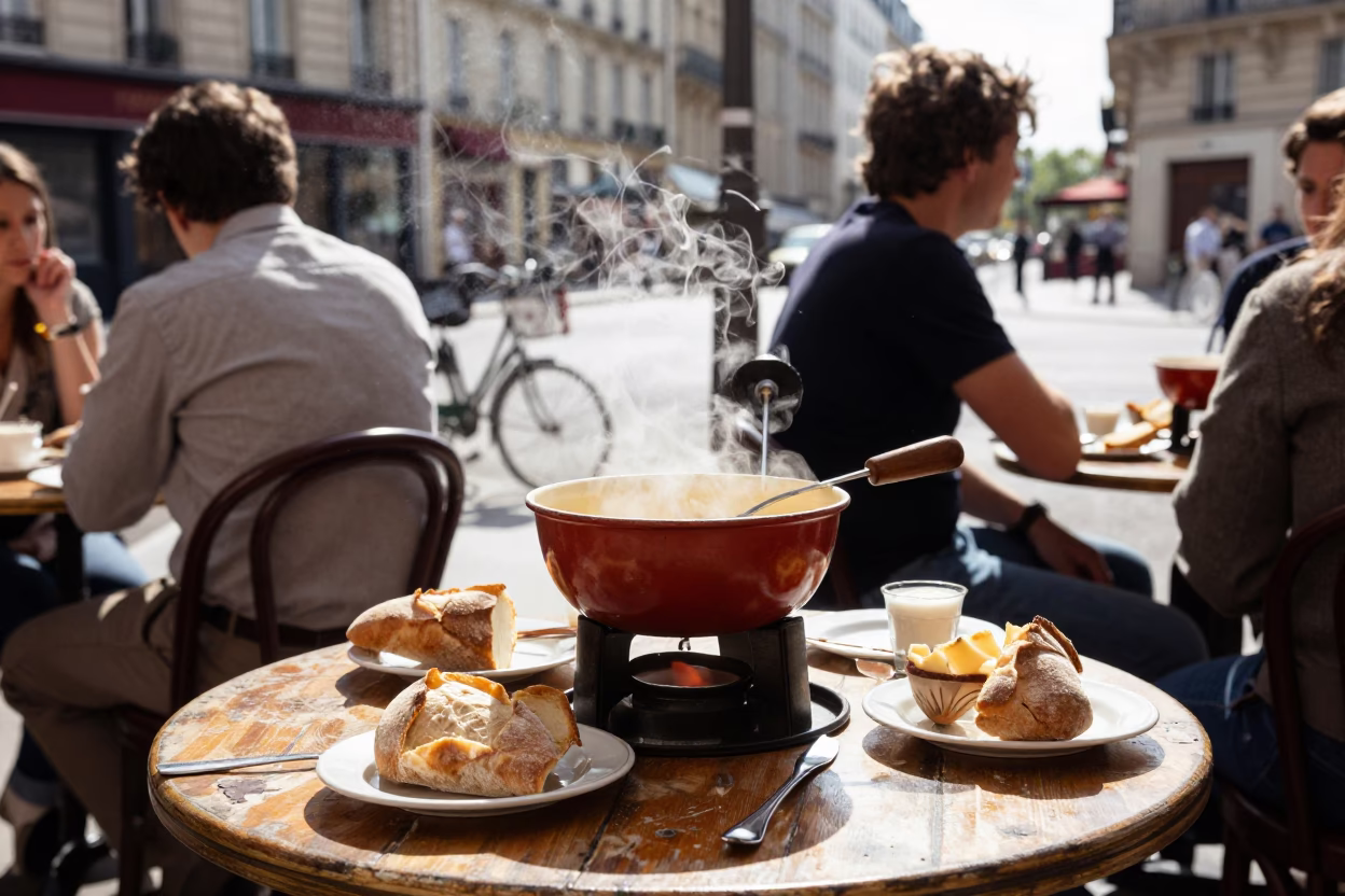 Vintage 1990s Paris Street Scene with Fondue Pot and Cookbooks in in Paris, France