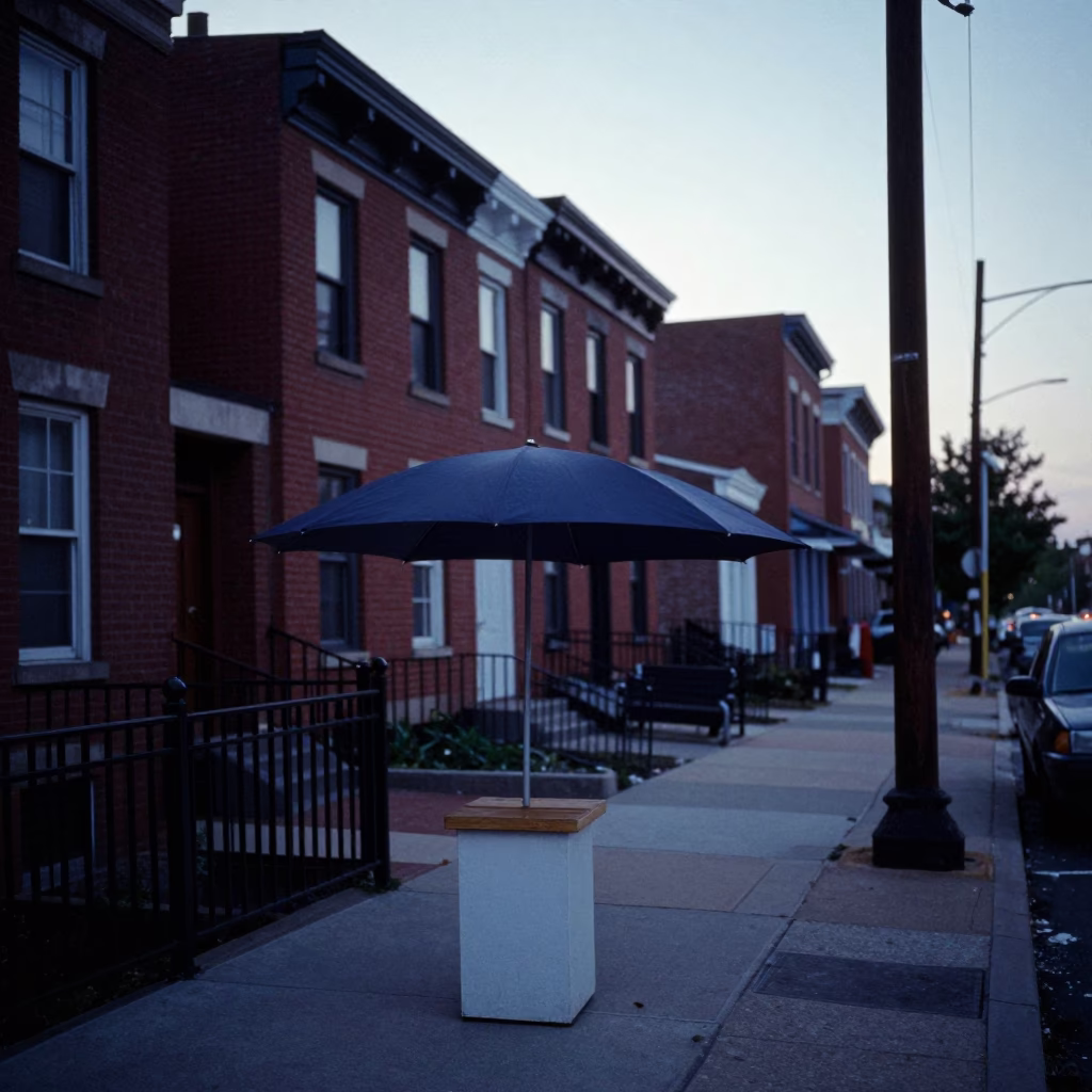 Vintage 1990s Philadelphia Pre-Dawn Street Scene with Umbrella Stand and Urban Morning Light in in Philadelphia, Pennsylvania, United States