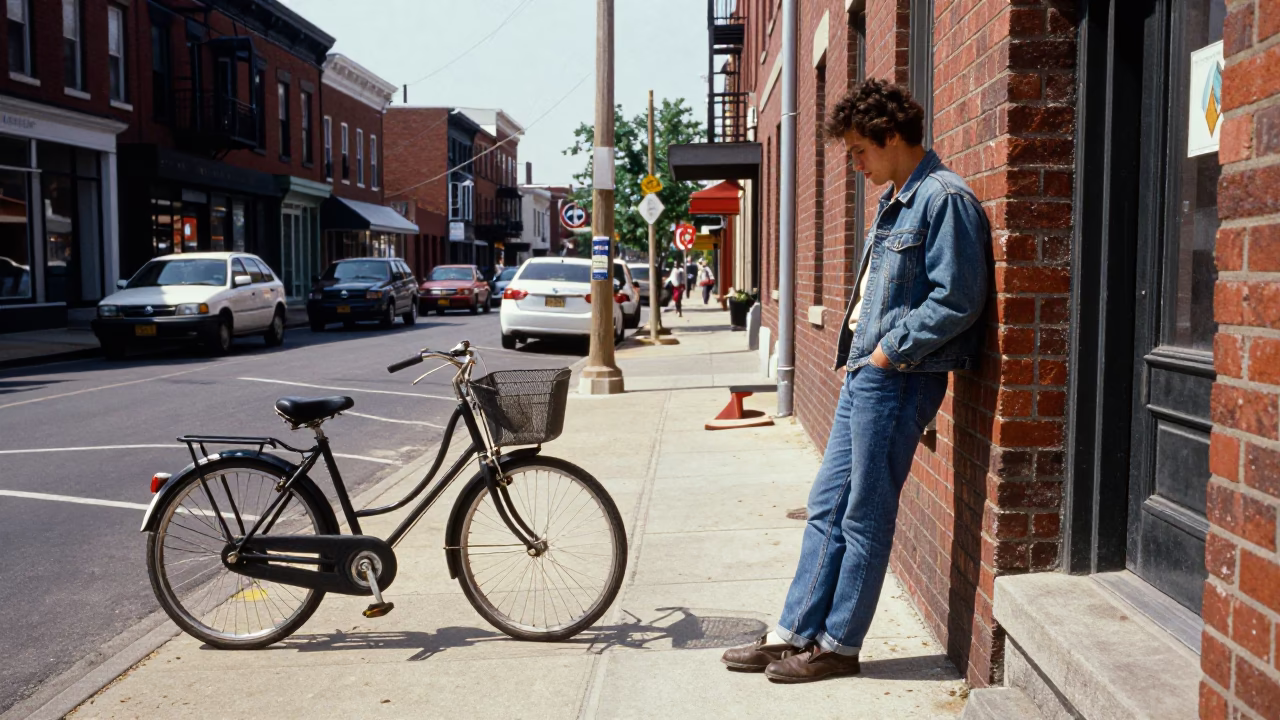 Vintage 1990s Philadelphia Street Scene with Bicycle Basket and Forgotten Flowers in in Philadelphia, Pennsylvania, United States