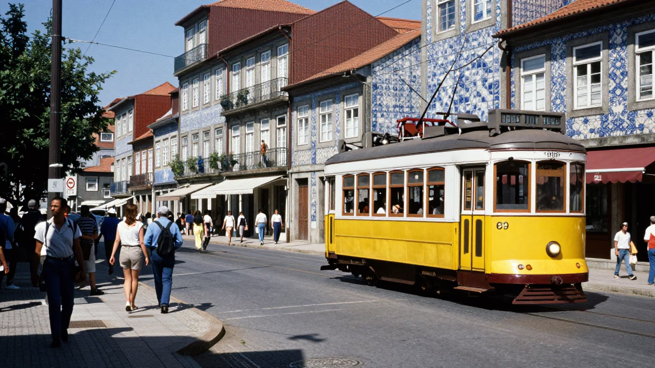 Vintage 1990s Porto Street Scene with Tram and Local Market Activity in in Porto, Portugal