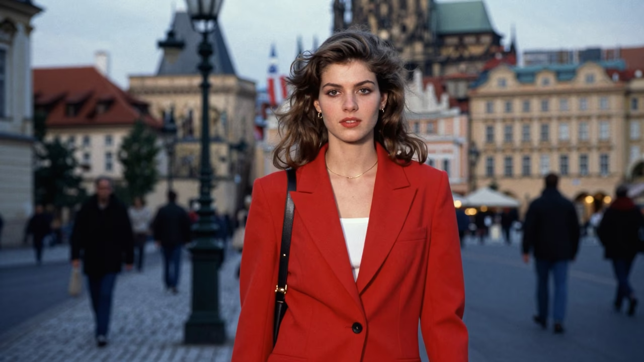 Vintage 1990s Prague Evening Street Fashion Portrait with Lamp Maker and Glass Shade in in Prague, Czech Republic