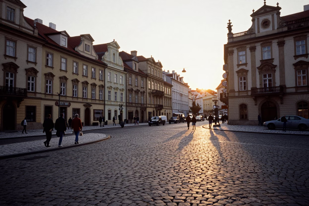 Vintage 1990s Prague Street Scene at Sunset with Cobblestones and Historic Architecture in in Prague, Czech Republic