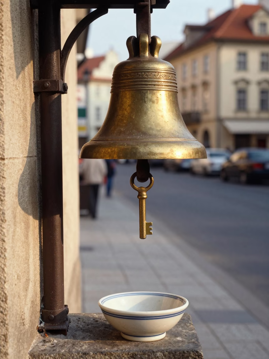 Vintage 1990s Prague Street Scene with Bell and Key Bowl on Cobblestone in in Prague, Czech Republic