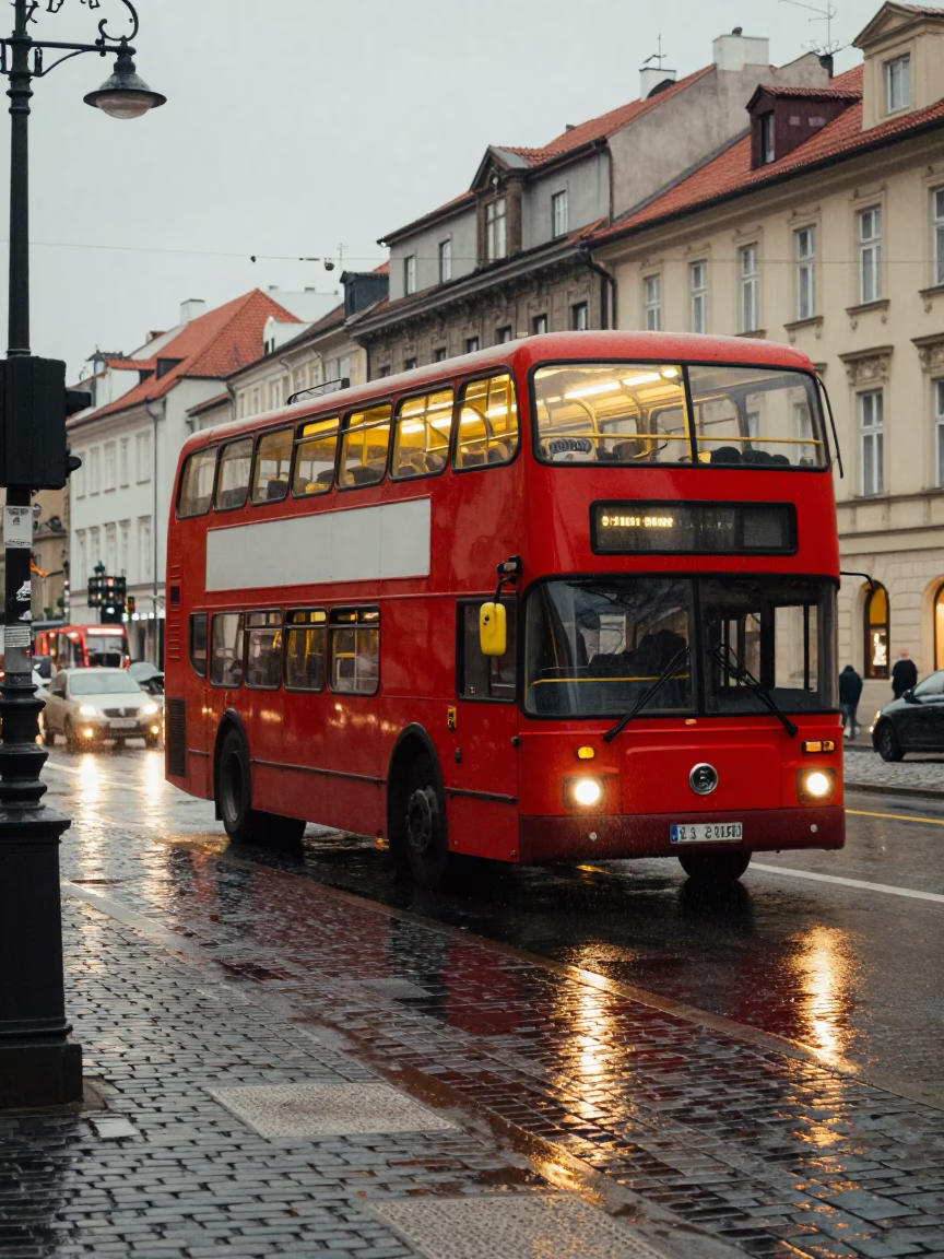 Vintage 1990s Prague Street Scene with Double-Decker Bus and City Lights in in Prague, Czech Republic