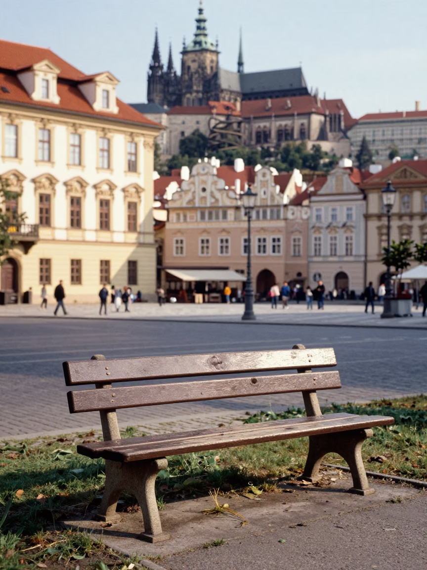 Vintage 1990s Prague Street Scene with Park Bench and Metal Bucket in in Prague, Czech Republic