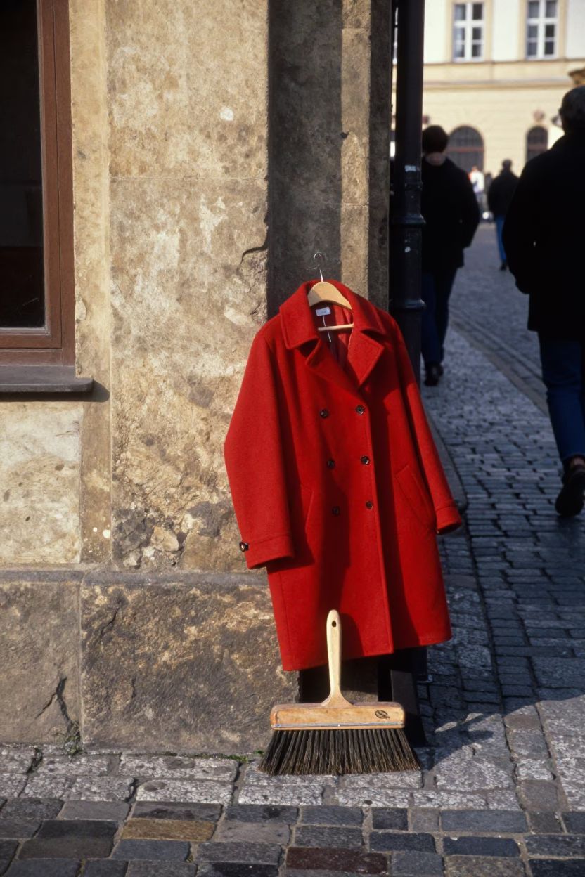 Vintage 1990s Prague Street Scene with Red Coat Brush and Cobblestone Architecture in in Prague, Czech Republic