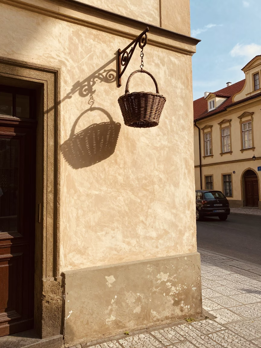 Vintage 1990s Prague Street Scene with Wicker Shadow on Plaster Wall in in Prague, Czech Republic