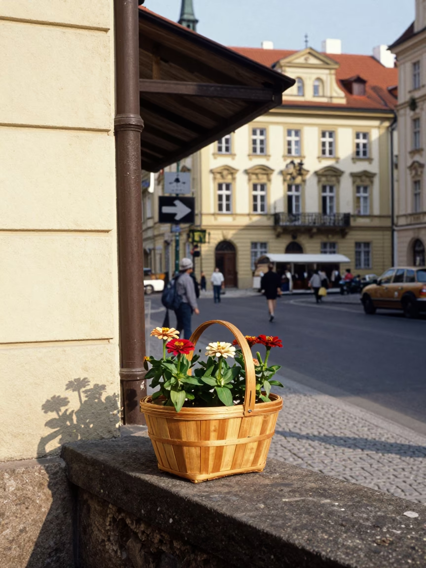 Vintage 1990s Prague Street Scene with Zinnias and Basket in Early Afternoon Light in in Prague, Czech Republic