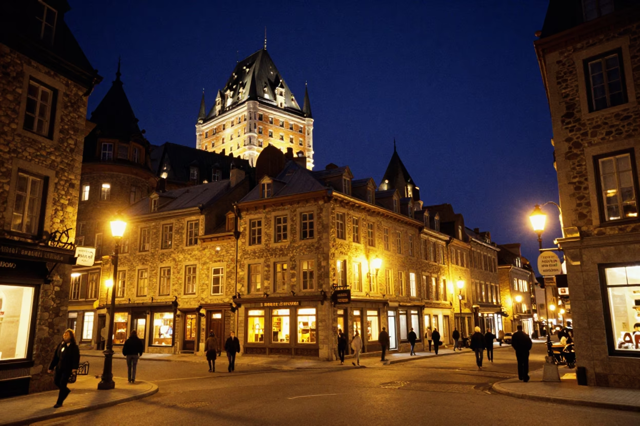 Vintage 1990s Quebec City Street Scene Under Deep Night Sky in in Quebec City, Quebec, Canada