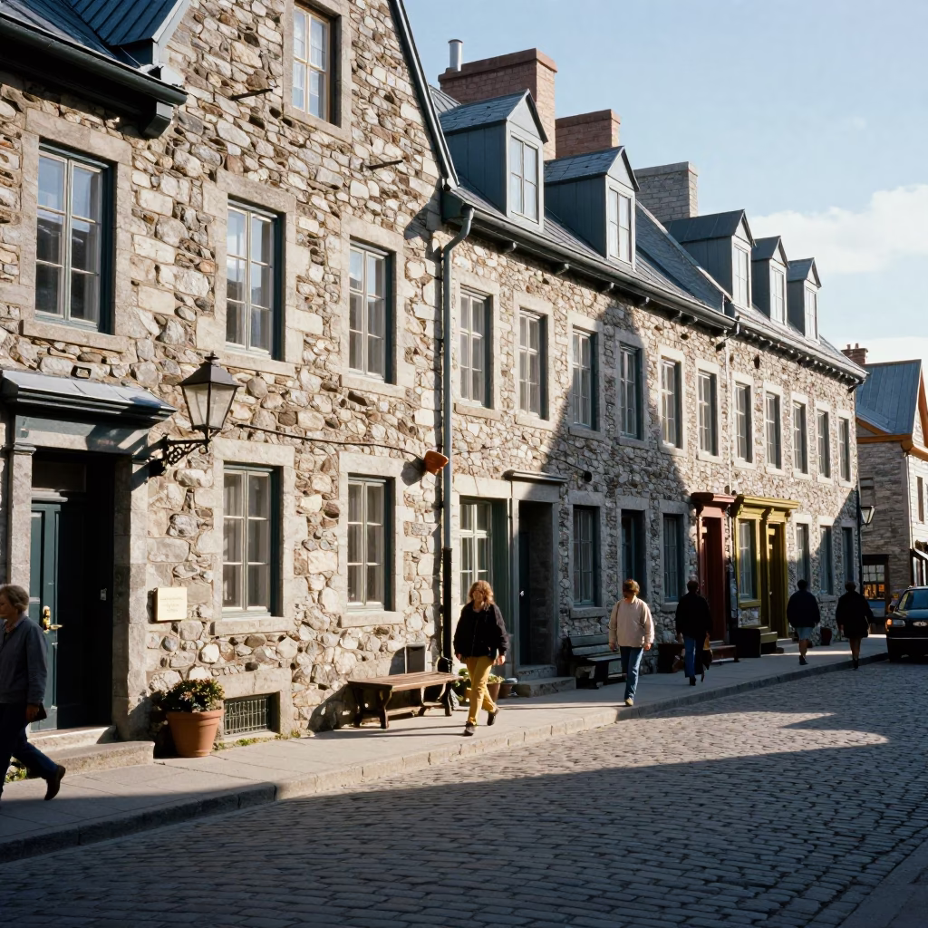 Vintage 1990s Quebec City street scene with historic stone architecture and local market activity in in Quebec City, Quebec, Canada