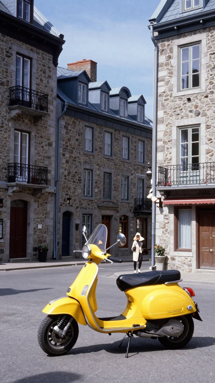 Vintage 1990s Quebec City Street Scene with Scooter and Historic Architecture in in Quebec City, Quebec, Canada
