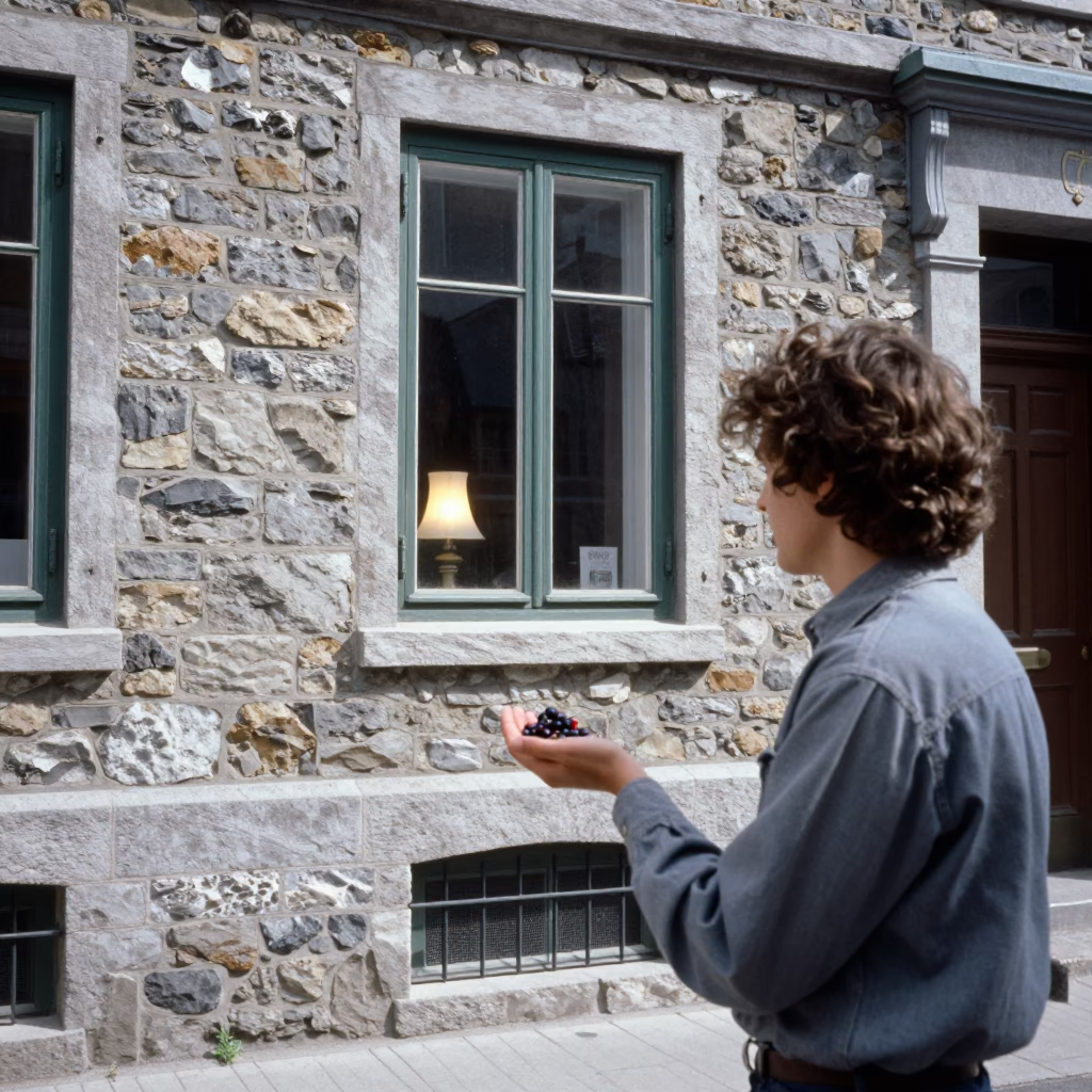 Vintage 1990s Quebec City Street Scene with Window Light on Plaster Wall and Berry in in Quebec City, Quebec, Canada