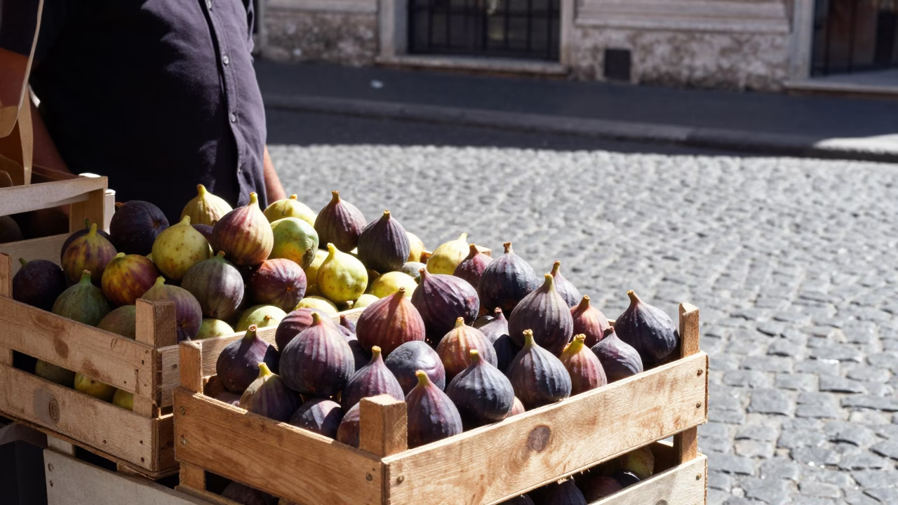 Vintage 1990s Rome Street Scene with Ficus Figs and Local Life in in Rome, Italy