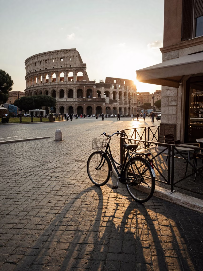 Vintage 1990s Rome Sunset Street Scene with Bicycle and Cafe in in Rome, Italy