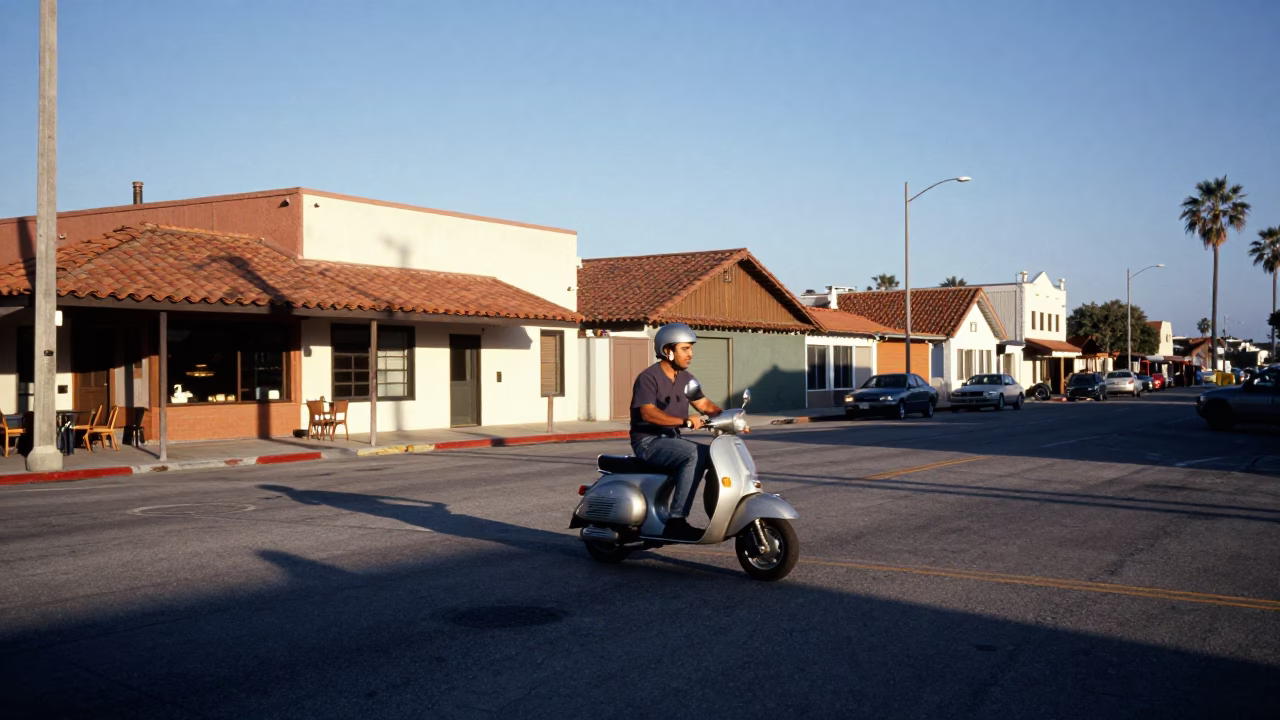 Vintage 1990s San Diego Street Scene with Scooter and Local Architecture in in San Diego, California, United States