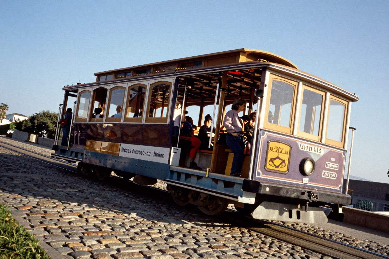 Vintage 1990s San Diego Tram Climbing Steep Hill in Late Morning Light in in San Diego, California, United States