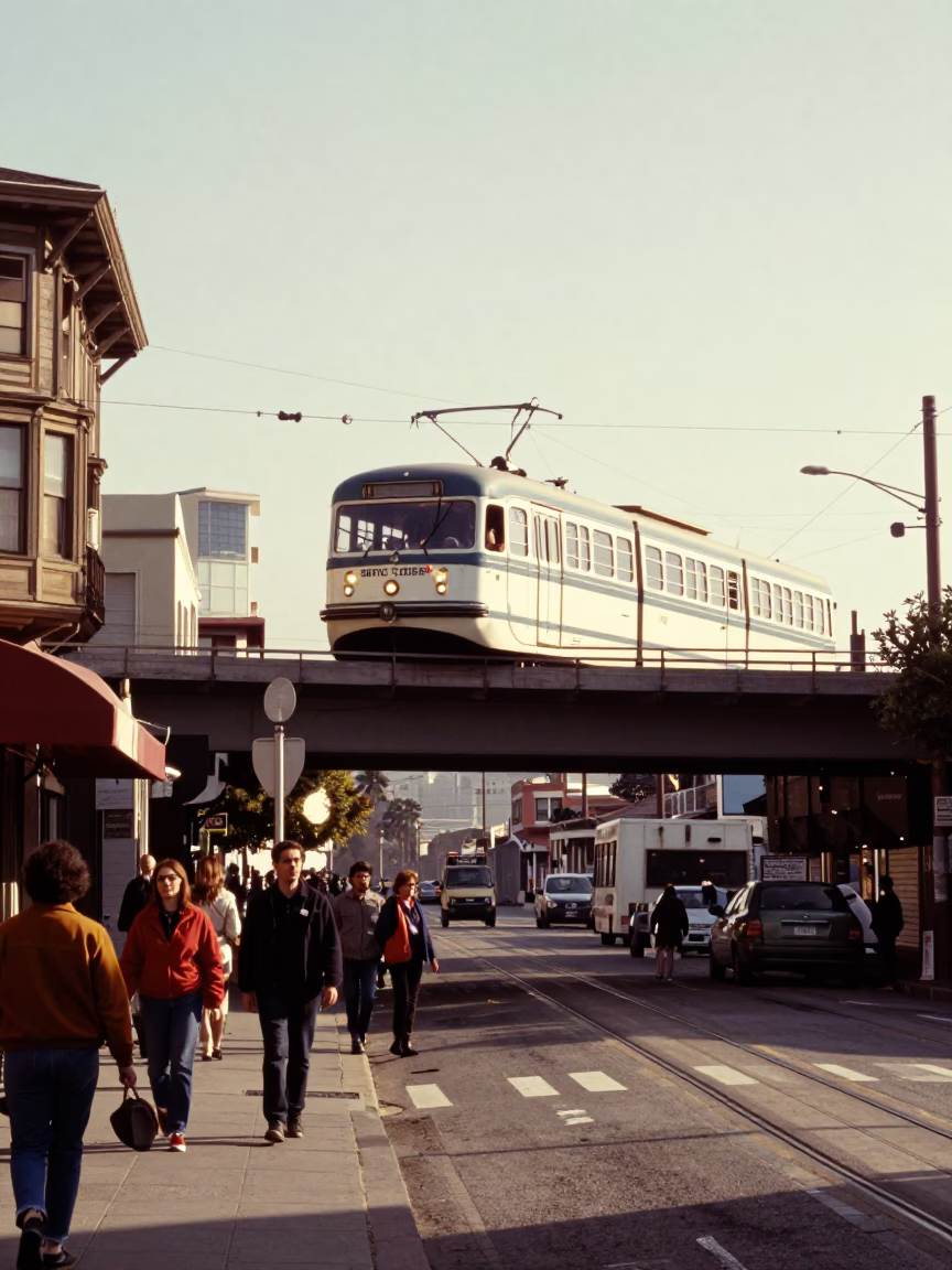 Vintage 1990s San Francisco Street Scene with Monorail Passing Above in in San Francisco, California, United States