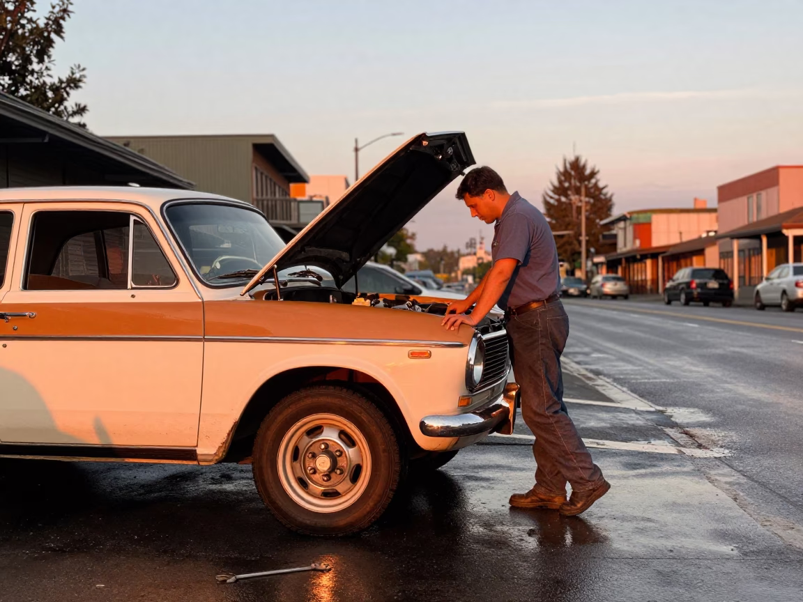 Vintage 1990s Seattle Street Scene with Wrench and Striped Towel in Copper Dusk Light in in Seattle, Washington, United States