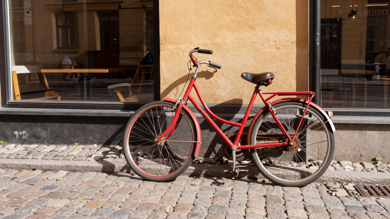 Vintage 1990s Stockholm Street Scene with Bicycle and Cafe in in Stockholm, Sweden