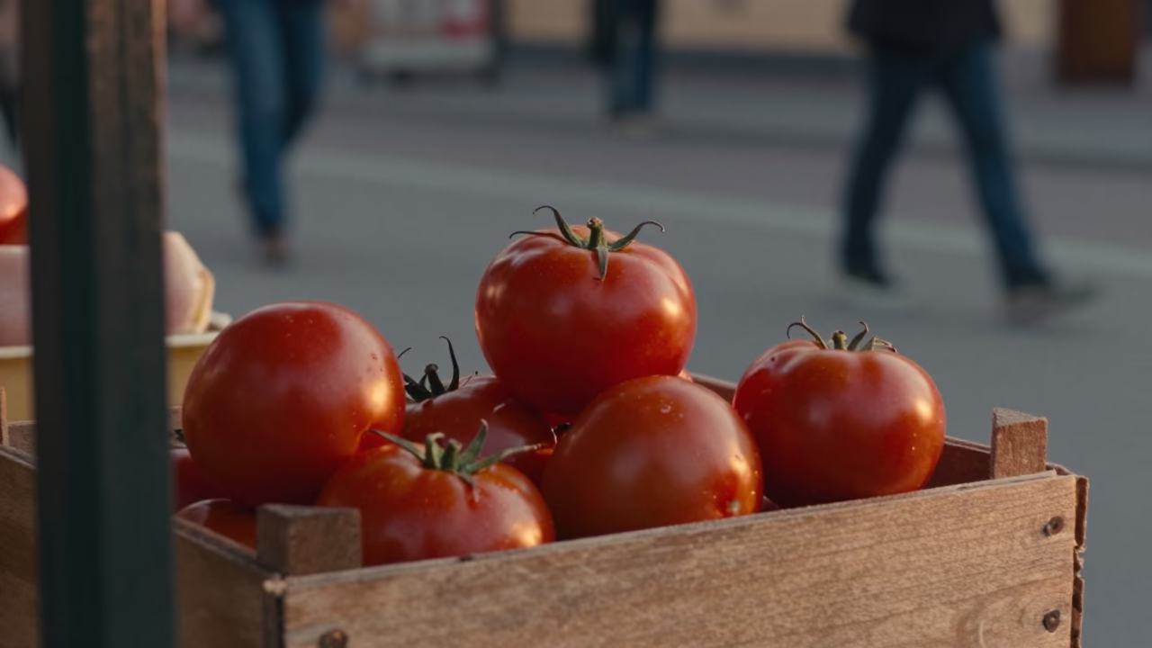 Vintage 1990s Stockholm Street Scene with Tomatoes and Casual Evening Light in in Stockholm, Sweden