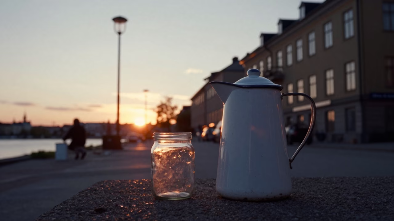 Vintage 1990s Stockholm Sunset Scene with Enamel Pitcher and Garden Gate in in Stockholm, Sweden