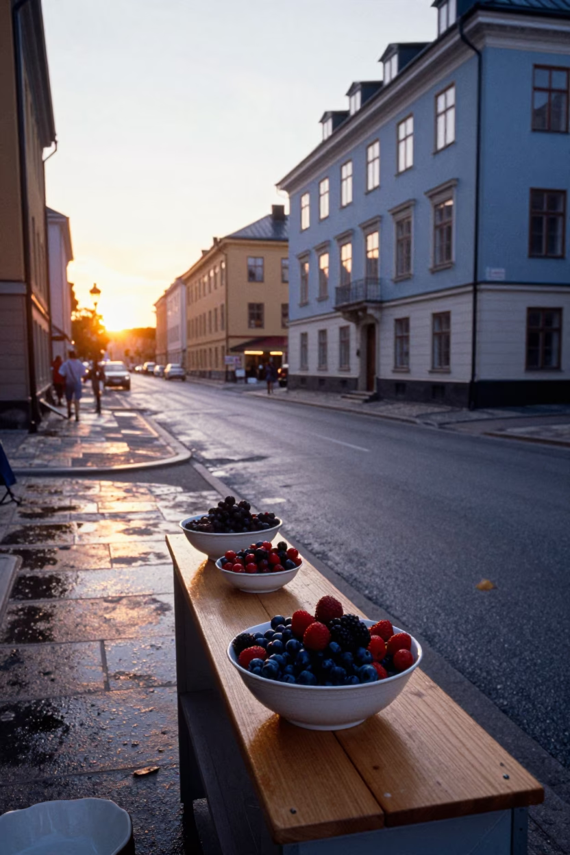 Vintage 1990s Stockholm Sunset Street Scene with Blue White Porcelain Bowl and Hand Towels in in Stockholm, Sweden