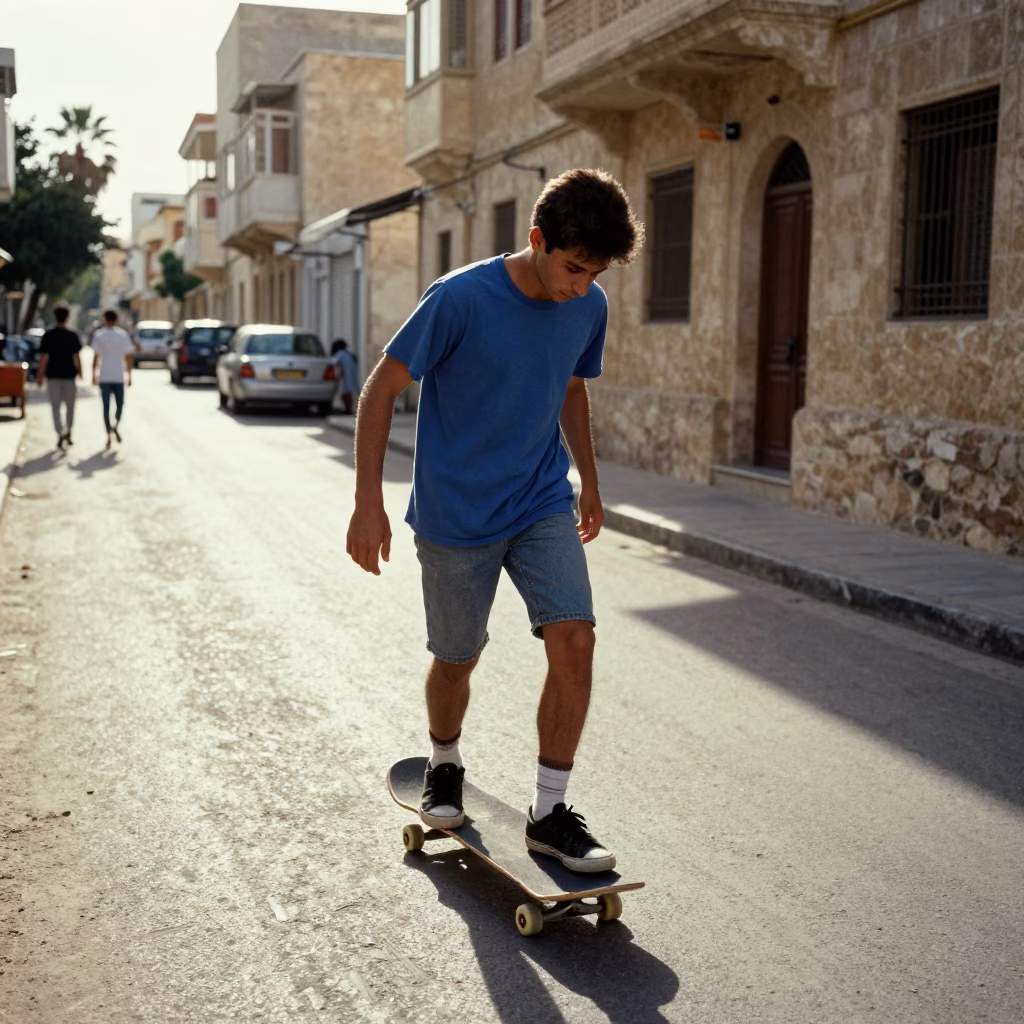 Vintage 1990s Street Scene in Alexandria Egypt with Skater and Sun Hat in in Alexandria, Egypt