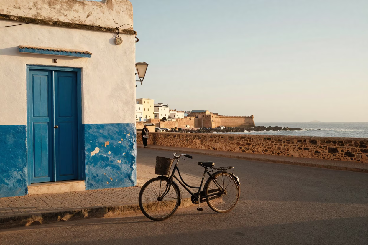 Vintage 1990s Street Scene in Essaouira Morocco with Bicycle and Coastal Architecture in in Essaouira, Morocco