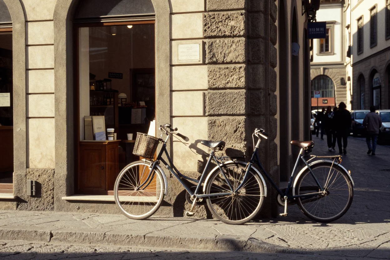 Vintage 1990s Street Scene in Florence Italy with Bicycle and Coffee Shop in in Florence, Italy