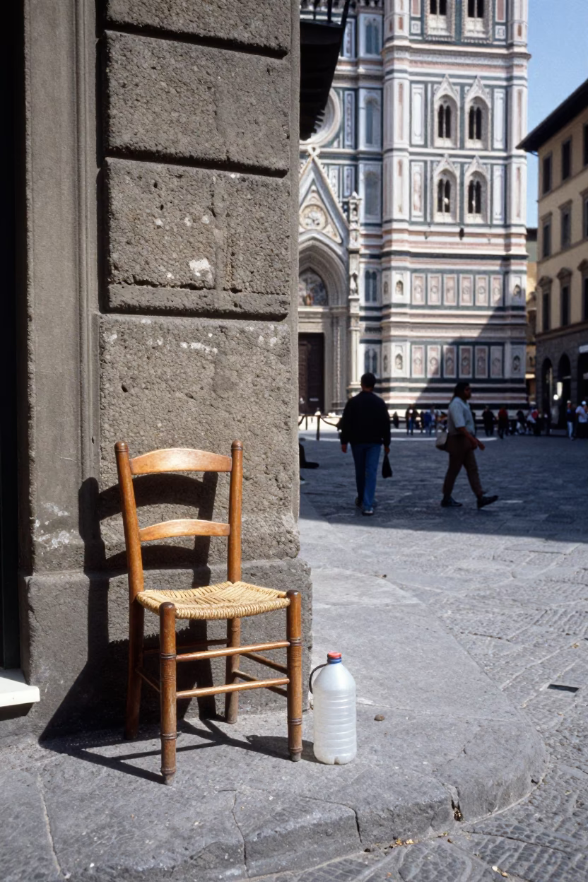 Vintage 1990s Street Scene in Florence Italy with Ladder-Back Chair and Watering Bottle in in Florence, Italy
