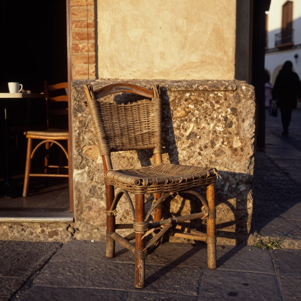 Vintage 1990s Street Scene in Granada Spain with Weathered Wicker and Tea Stains in in Granada, Spain
