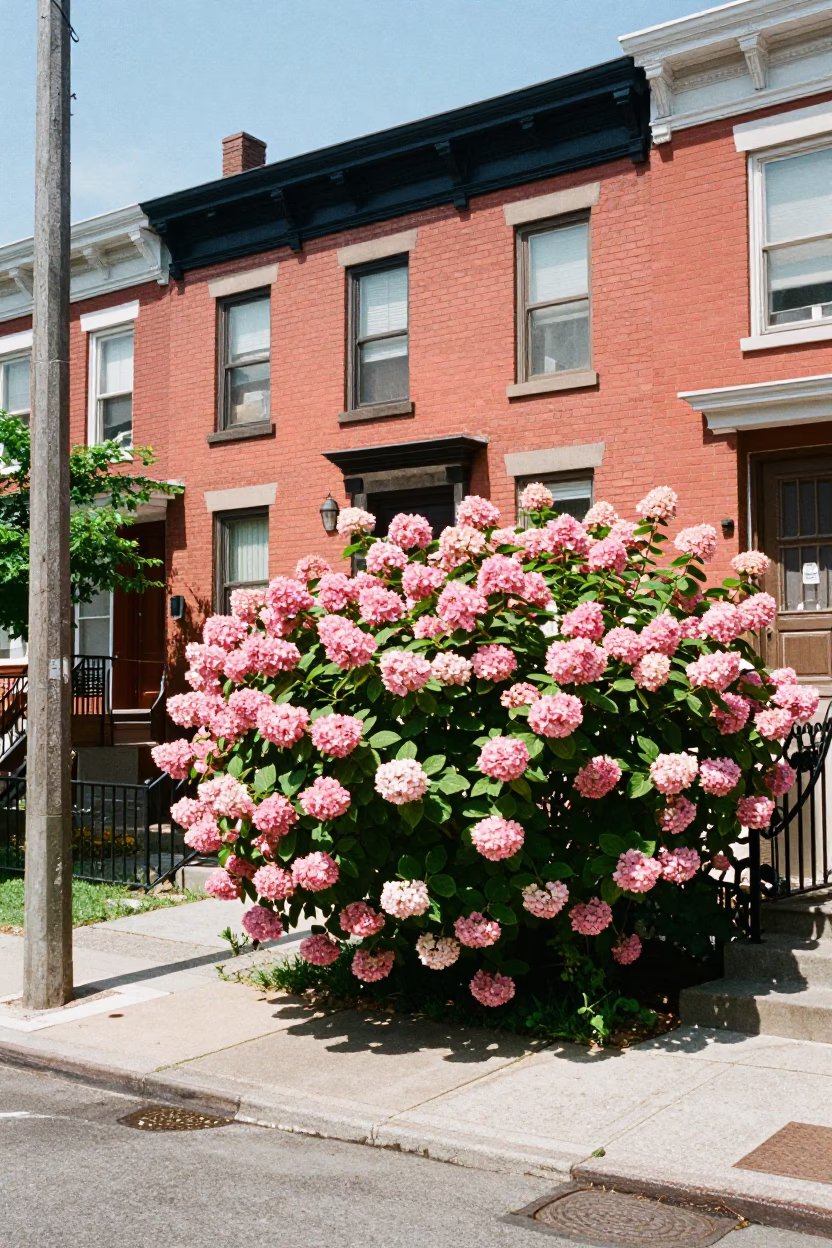 Vintage 1990s Toronto Street Scene with Hydrangea Bush and Urban Architecture in in Toronto, Ontario, Canada